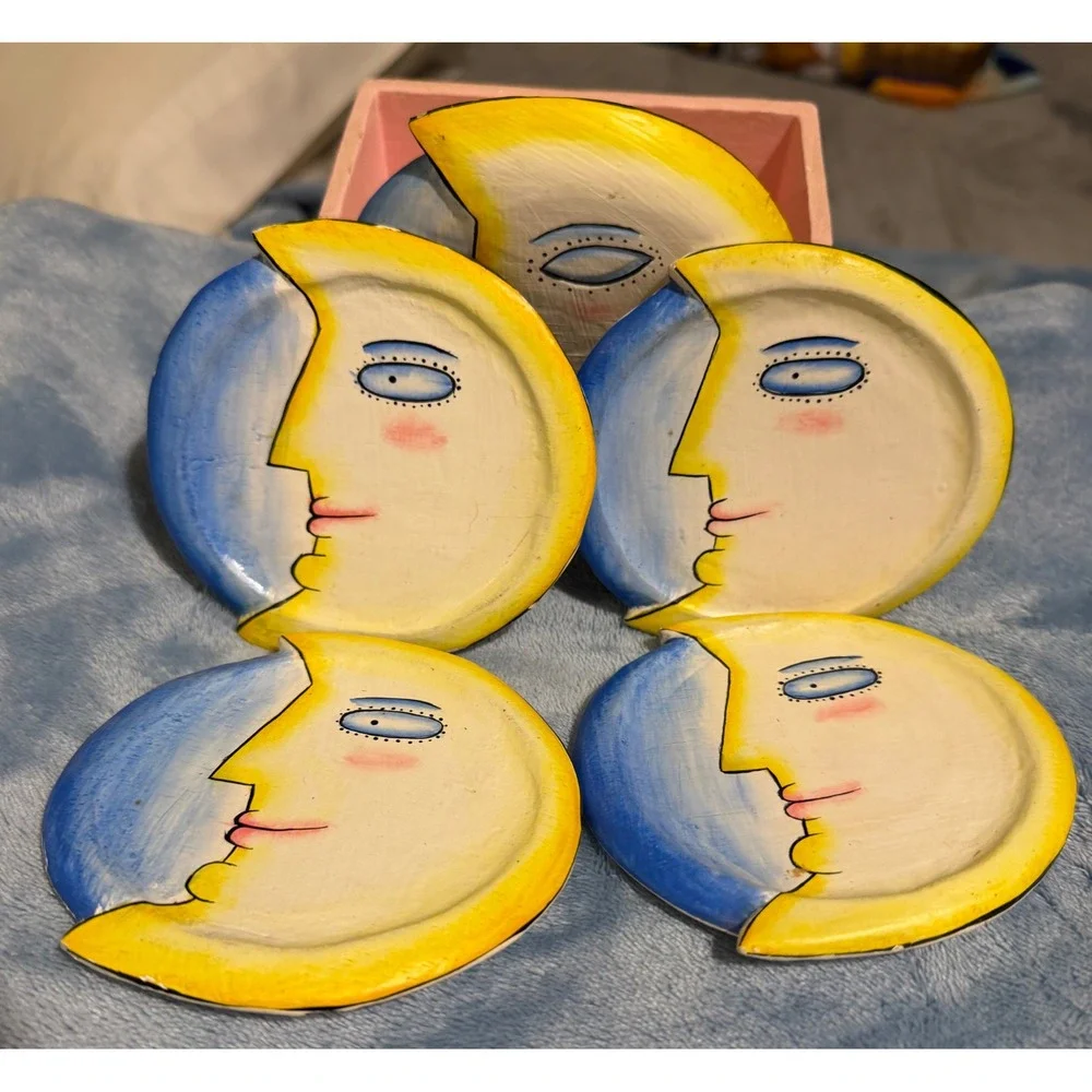 Vintage Celestial Moon Face Coaster Set with Pink Wooden Holder Hand Painted 5pc